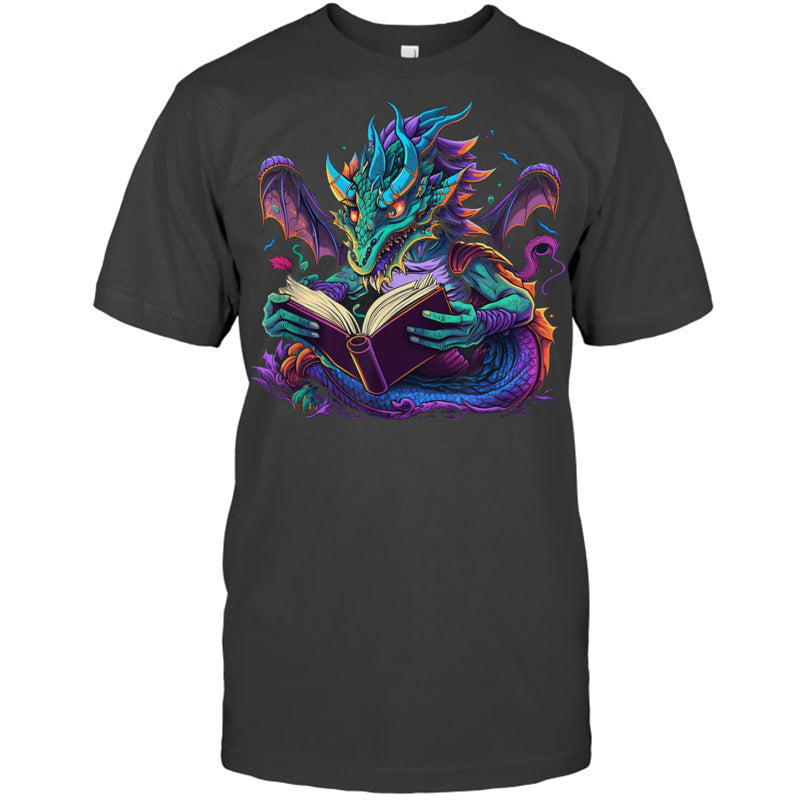 HeatherDarkGreyTshirtDragonReadingBookGiftForDragonLovers
