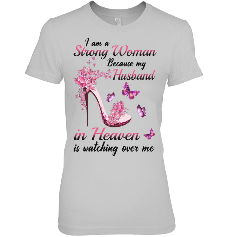 HeatherGreyWomanTshirtIAmAStrongWomanBecauseMyHusbandInHeavenIsWatchingOverMeHeaven