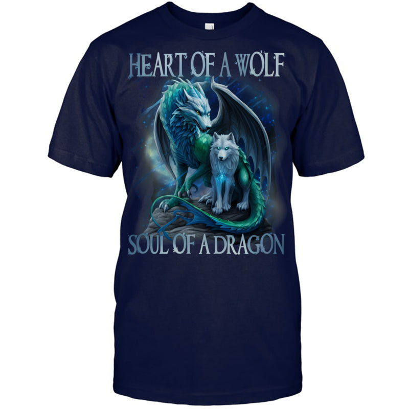 NavyTshirtHeartOfWolfSoulOfADragonDragonWolfWarriorWolfGiftForDragonLovers