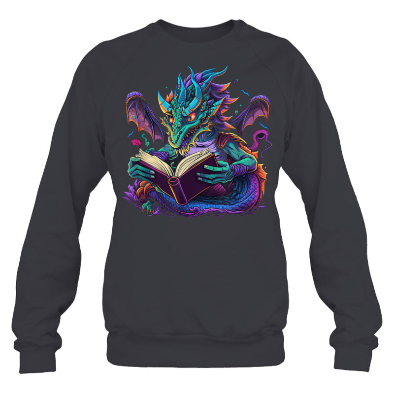 HeatherDarkGreySweatshirtDragonReadingBookGiftForDragonLovers