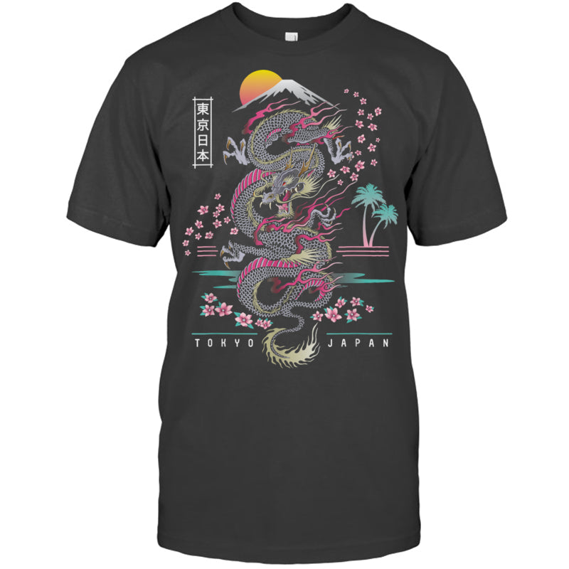 HeatherDarkGreyTshirtJapaneseTokyoDragonAsianInspiredRetro80sStyleGiftForDragonLovers