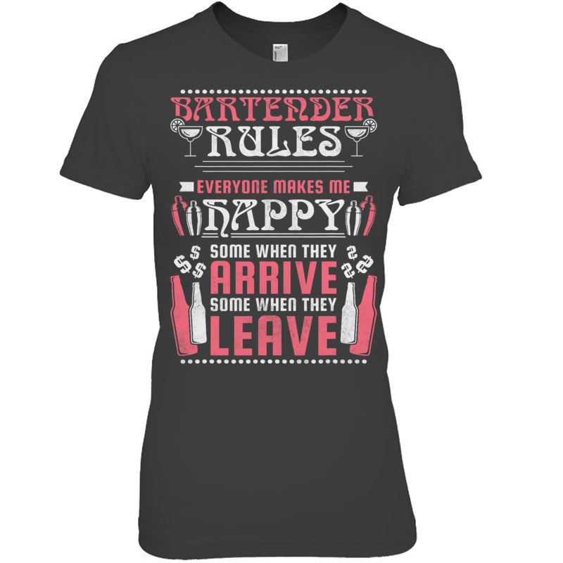 HeatherDarkGreyWomanTshirtBartenderRulesEveryoneMakesMeHappyGiftForBartender