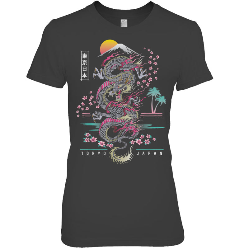 HeatherDarkGreyWomanTshirtJapaneseTokyoDragonAsianInspiredRetro80sStyleGiftForDragonLovers