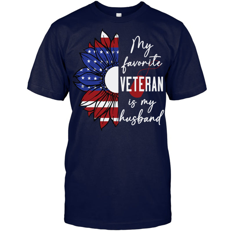 NavyTshirtMyFavoriteVeteranIsMyHusbandSunflowerAmericanFlagGiftForVeteran